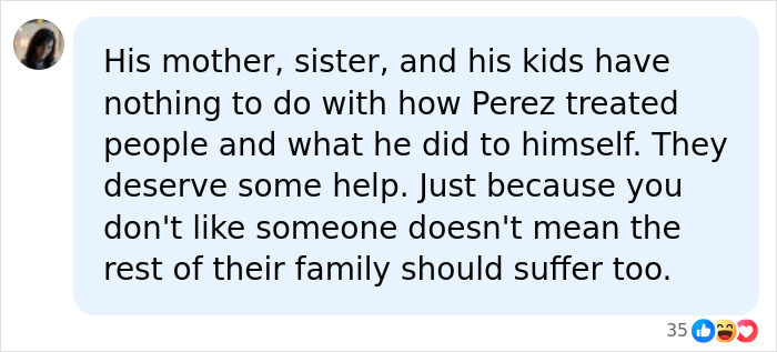 A social media comment discussing Perez Hilton's family launching a GoFundMe to help raise his kids amid concerns.