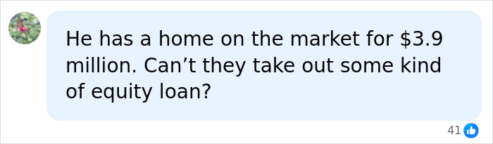 A social media comment asking about an equity loan for Perez Hilton's home, regarding his kids and GoFundMe.