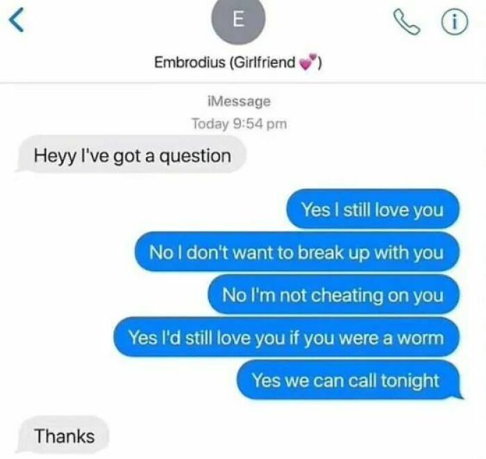 An iMessage conversation containing hilarious memes of quick-reply answers for a girlfriend