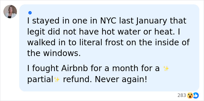 A social media comment recounting a bad Airbnb stay experience in NYC, lacking hot water and heat, and fighting for a refund. A social media comment recounting a bad Airbnb stay experience in NYC, lacking hot water and heat, and fighting for a refund.