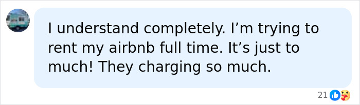 A social media comment complaining about high Airbnb stay rental costs and hosts audacity. A social media comment complaining about high Airbnb stay rental costs and hosts audacity.