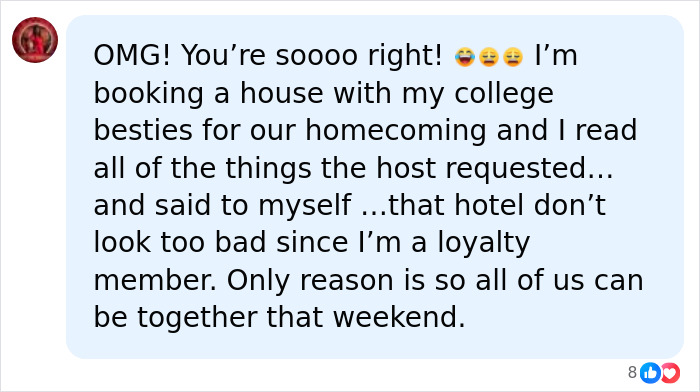 A user comment discussing an Airbnb stay with college friends for homecoming, comparing host requests to hotel benefits for loyalty members. A user comment discussing an Airbnb stay with college friends for homecoming, comparing host requests to hotel benefits for loyalty members.