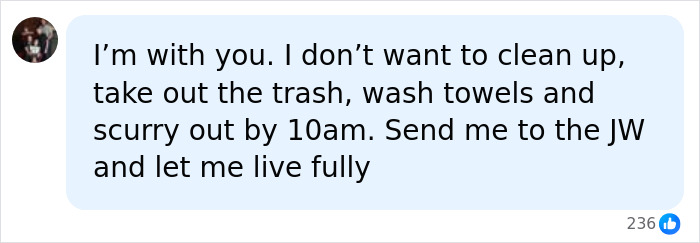 A comment detailing frustrations with Airbnb stay chores like cleaning, trash, and towel washing, prefering a hotel. A comment detailing frustrations with Airbnb stay chores like cleaning, trash, and towel washing, prefering a hotel.