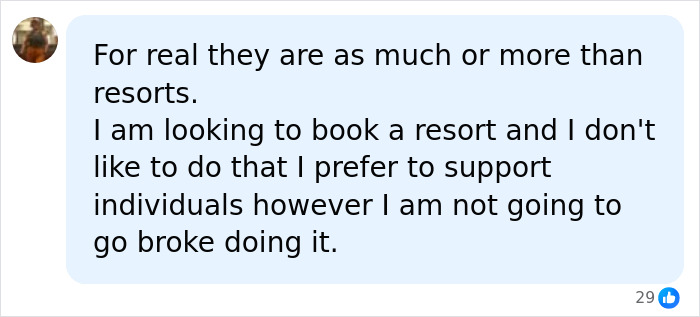A social media comment discussing Airbnb stay costs versus resorts, highlighting hosts audacity. A social media comment discussing Airbnb stay costs versus resorts, highlighting hosts audacity.