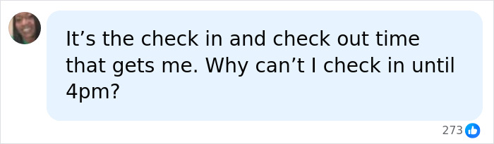 A social media comment about an Airbnb stay, questioning the 4 PM check-in time and host audacity. A social media comment about an Airbnb stay, questioning the 4 PM check-in time and host audacity.