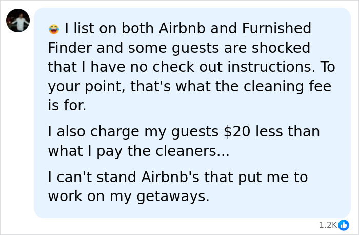 A social media comment from an Airbnb host discussing guests, cleaning fees, and Airbnb stay expectations. A social media comment from an Airbnb host discussing guests, cleaning fees, and Airbnb stay expectations.