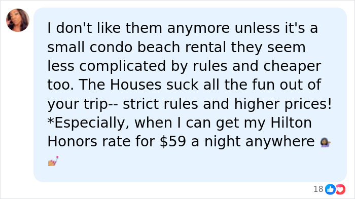 A user comment about an Airbnb stay, expressing preference for small condo beach rentals over houses due to strict rules and higher prices. A user comment about an Airbnb stay, expressing preference for small condo beach rentals over houses due to strict rules and higher prices.