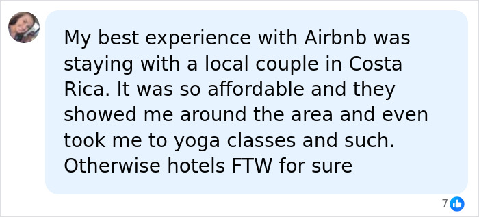 A user comment describing a positive Airbnb stay experience with a local couple in Costa Rica, highlighting affordability and local guidance. A user comment describing a positive Airbnb stay experience with a local couple in Costa Rica, highlighting affordability and local guidance.