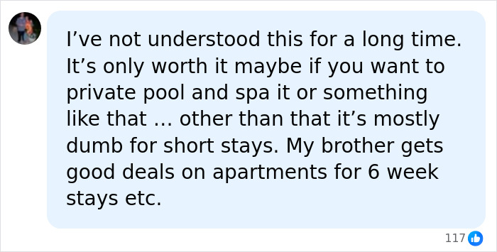 A social media comment on Airbnb stays, questioning their value for short stays and preferring longer apartment deals. A social media comment on Airbnb stays, questioning their value for short stays and preferring longer apartment deals.