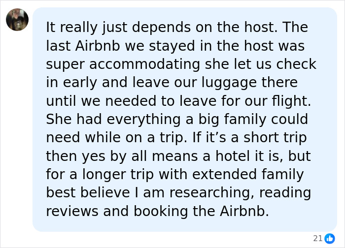A user comment explaining that a good Airbnb stay depends on the host, detailing a positive experience with an accommodating host for a family trip. A user comment explaining that a good Airbnb stay depends on the host, detailing a positive experience with an accommodating host for a family trip.