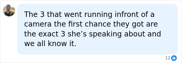A chat bubble with a comment criticizing three people who ran to a camera, linking them to the Lindsay Clancy juror's statement. A chat bubble with a comment criticizing three people who ran to a camera, linking them to the Lindsay Clancy juror's statement.