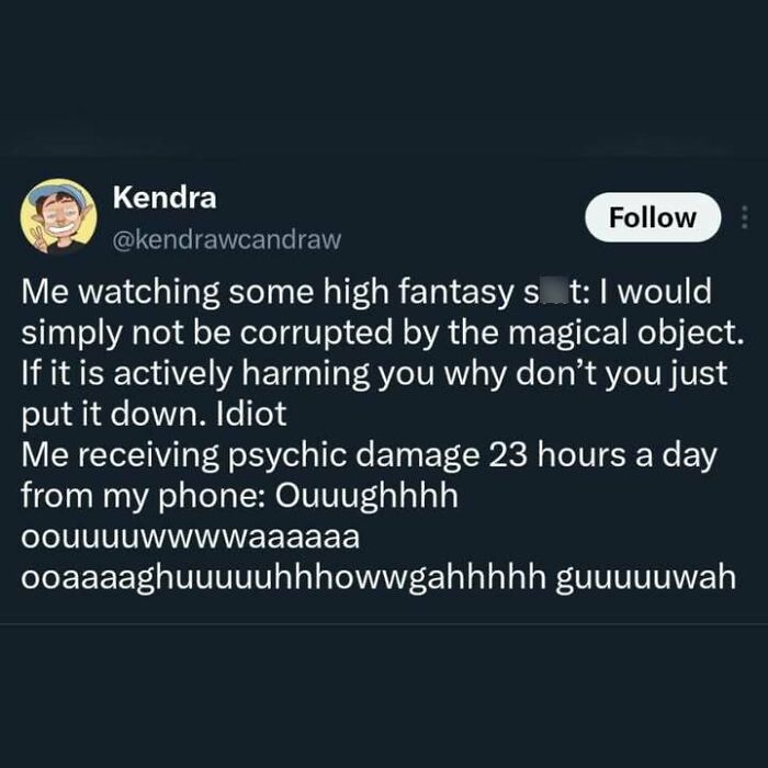 An edgy meme depicting a funny Twitter post about being corrupted by a phone screen.