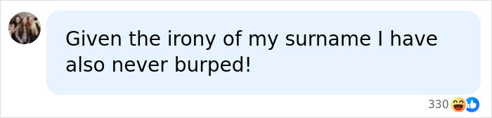Screenshot of a user comment stating they have never burped, relating to painful bloating.