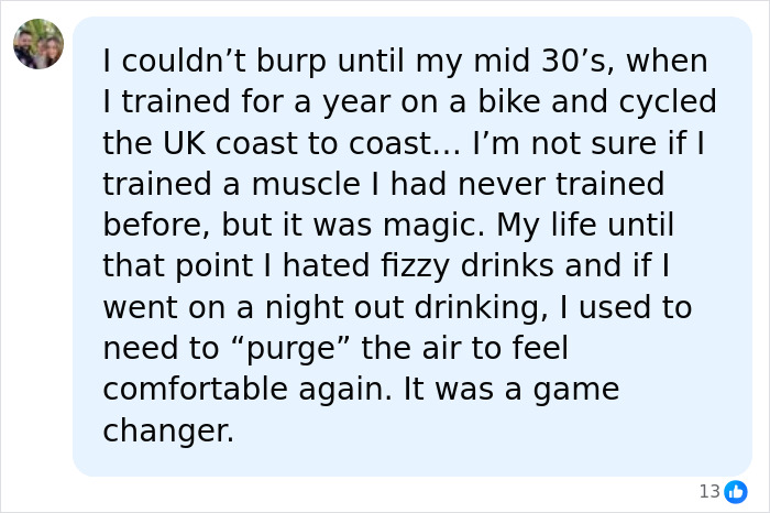 Screenshot of a user comment explaining how exercise helped with inability to burp and painful bloating.
