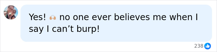 Screenshot of a user comment saying they can't burp, relating to painful bloating and inability to burp.