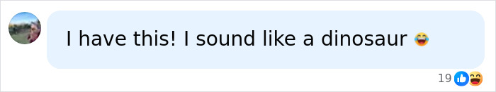 A person comments about their inability to burp, humorously stating they sound like a dinosaur, relating to painful bloating.