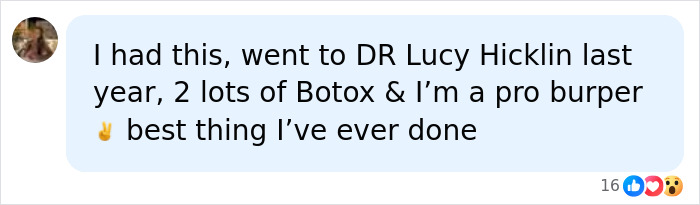 Screenshot of a user comment discussing Botox as a solution for painful bloating and inability to burp.