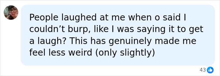 Screenshot of a user comment about being laughed at for inability to burp, regarding painful bloating.