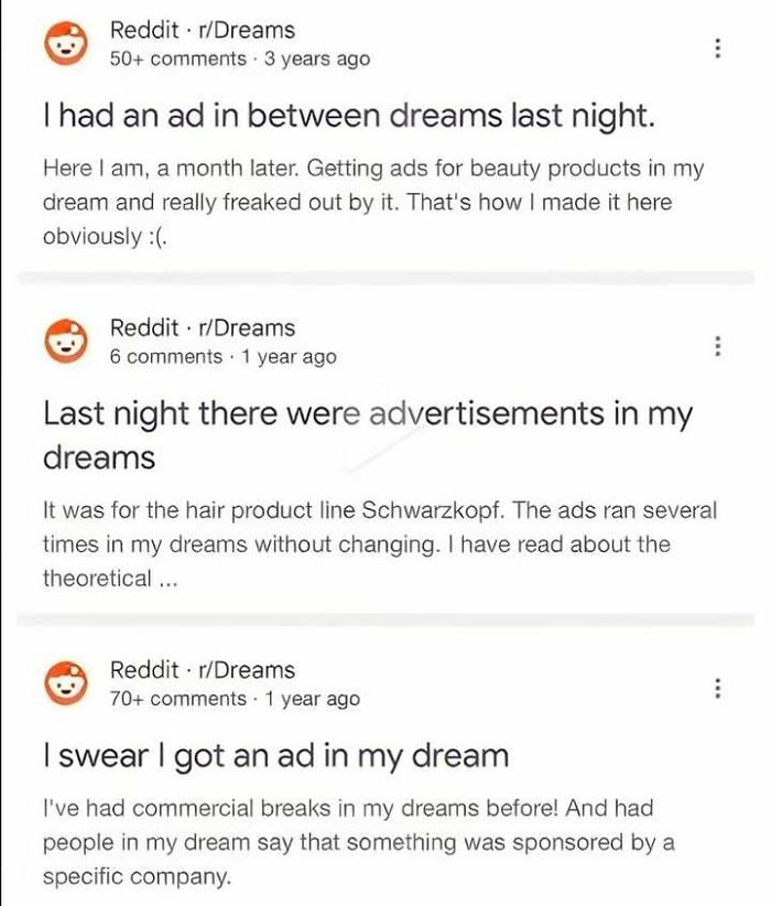 A compilation of Reddit posts about getting advertisements in dreams, showing hilariously weird and edgy memes.