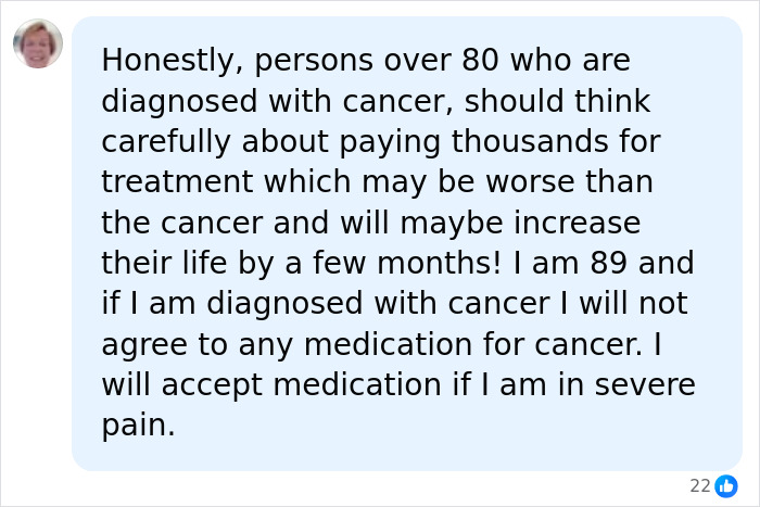 A comment debating cancer fundraiser treatments and medication choices for elderly patients. A comment debating cancer fundraiser treatments and medication choices for elderly patients.