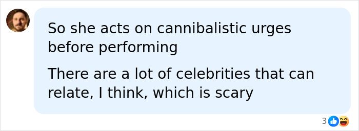 A comment on a social media post about a stage actress eating ashes of a Game of Thrones icon. The user notes the actress acts on cannibalistic urges before performing.