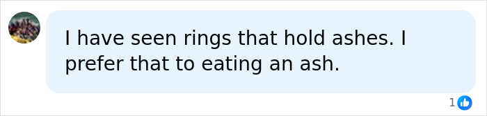 A comment on a social media post about a stage actress eating ashes of a Game of Thrones icon. The user expresses preference for rings that hold ashes over eating them.