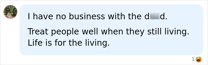 A Stage Actress eats ashes for good luck. An image of a comment saying I have no business with the d**d.