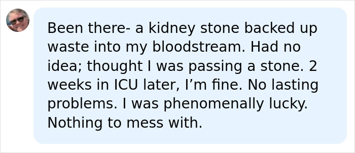 A social media comment describing a kidney stone leading to waste in the bloodstream, a severe condition like sepsis symptoms.