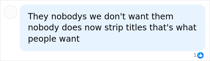 A social media comment expressing negative sentiment towards Prince Harry and Meghan Markle, suggesting stripping their titles.