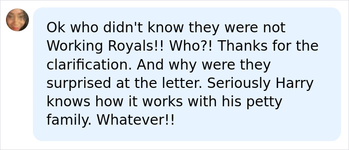 A social media comment discussing Prince Harry and Meghan Markle as non-working royals, referencing King Charles letter.