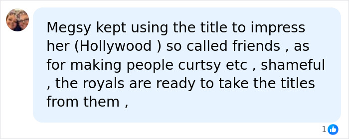 A social media comment discussing Meghan Markle using her title to impress friends, suggesting the royals might remove their titles.