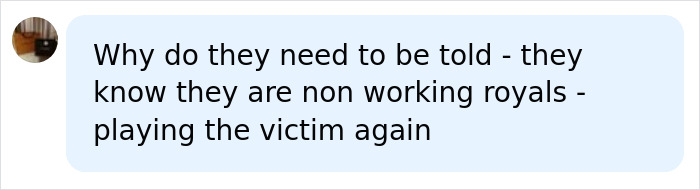 A social media comment suggesting Prince Harry and Meghan Markle are playing the victim regarding King Charles letter.