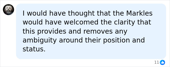 A social media comment discussing the Markles, their position, and King Charles' controversial letter.