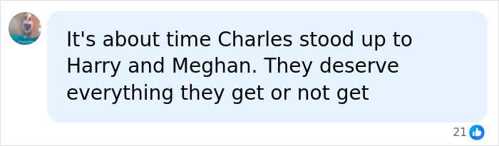 A social media post: 'It's about time Charles stood up to Harry and Meghan.' discussing their contentious response.
