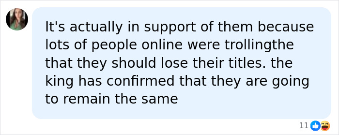 A social media comment supporting Prince Harry and Meghan Markle regarding their titles and King Charles.