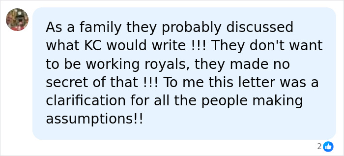 A social media comment discussing Prince Harry and Meghan Markle as working royals and King Charles's letter.