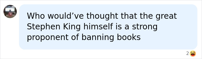 A social media comment questions if Stephen King is a proponent of banning books, referencing his pulled publication. A social media comment questions if Stephen King is a proponent of banning books, referencing his pulled publication.