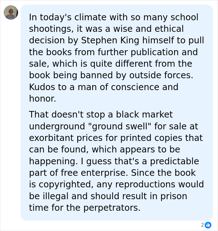 A social media comment discusses Stephen King pulling his book from publication due to school shootings, not banning. A social media comment discusses Stephen King pulling his book from publication due to school shootings, not banning.
