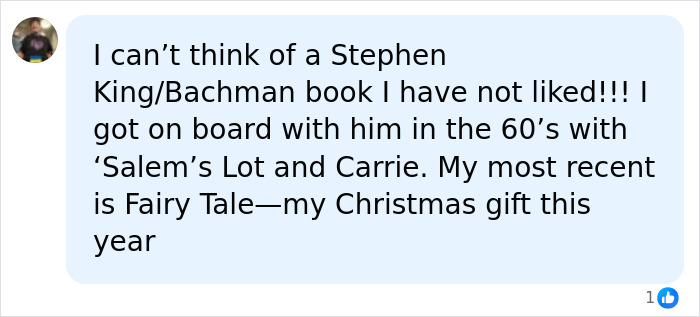A comment about Stephen King's books, mentioning Salem's Lot, Carrie, and Fairy Tale, emphasizing personal enjoyment. A comment about Stephen King's books, mentioning Salem's Lot, Carrie, and Fairy Tale, emphasizing personal enjoyment.