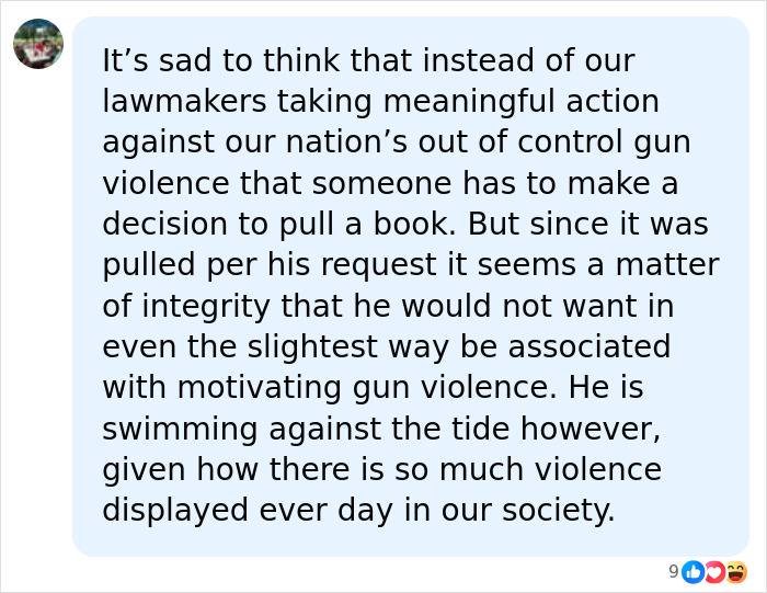A social media comment discussing Stephen King's decision to pull a book due to concerns about gun violence. A social media comment discussing Stephen King's decision to pull a book due to concerns about gun violence.