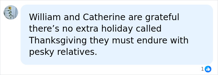 A comment discussing William and Kate's plan for Harry and Meghan, mentioning Thanksgiving and relatives. A comment discussing William and Kate's plan for Harry and Meghan, mentioning Thanksgiving and relatives.