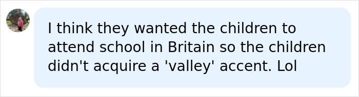 Screenshot of a social media comment about Harry and Meghan's UK move: children to attend school in Britain. Screenshot of a social media comment about Harry and Meghan's UK move: children to attend school in Britain.