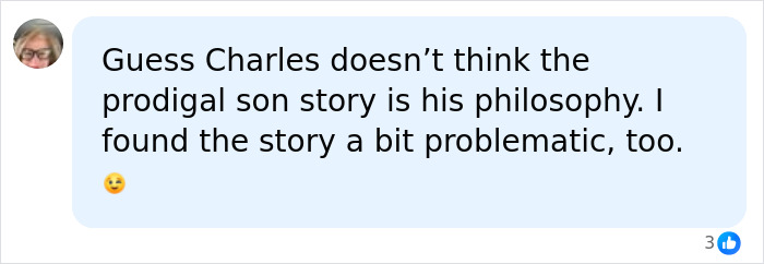A social media comment regarding King Charles' statement on Harry and Meghan's UK move, mentioning the prodigal son story. A social media comment regarding King Charles' statement on Harry and Meghan's UK move, mentioning the prodigal son story.