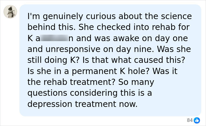 Screenshot of a text message with questions about Emily Willis's paralysis, rehab, and possible causes of her locked-in state.