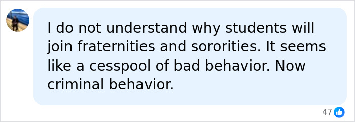 A user comment criticizing fraternity behavior in the wake of the Cornell 7 group chat scandal. A user comment criticizing fraternity behavior in the wake of the Cornell 7 group chat scandal.