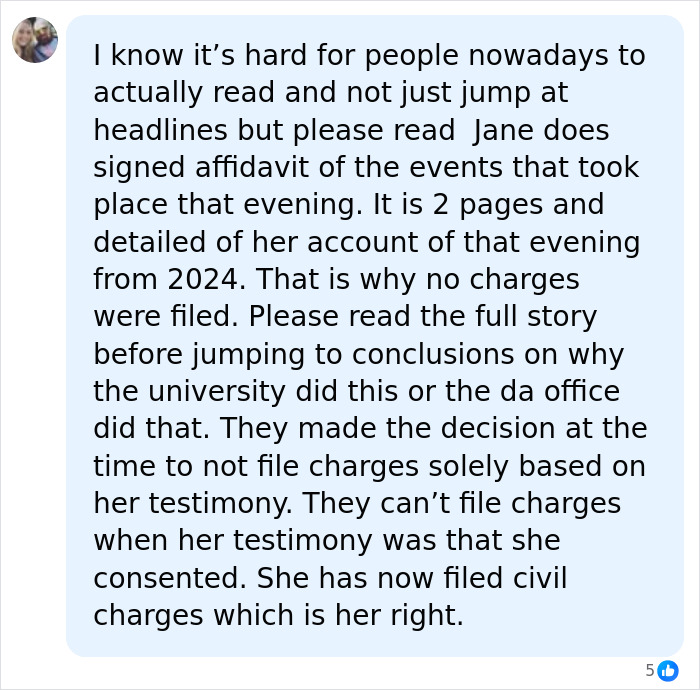 A comment detailing a signed affidavit and civil charges related to the Cornell 7 group chat case. A comment detailing a signed affidavit and civil charges related to the Cornell 7 group chat case.