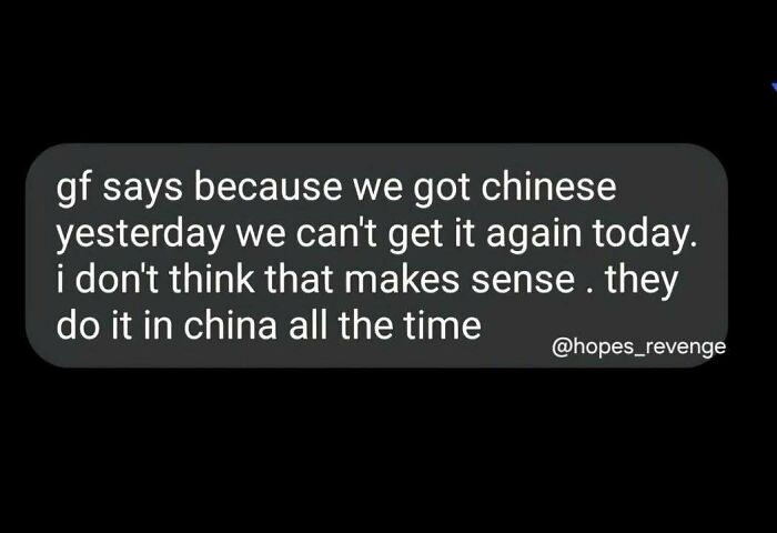 A text message showing hilarious memes about eating Chinese food with a witty punchline