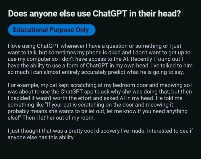 Edgy and hilarious memes showing a text post about a user claiming they can use ChatGPT in their head.