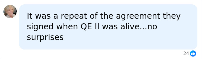 Screenshot of a social media comment about an agreement Harry and Meghan signed when QE II was alive. Screenshot of a social media comment about an agreement Harry and Meghan signed when QE II was alive.
