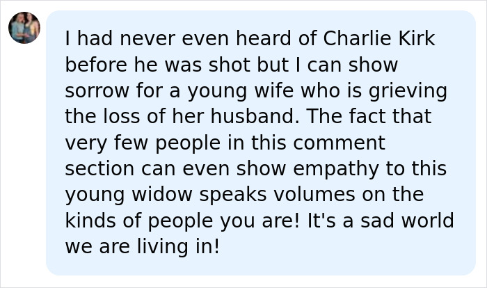 A user expressing sorrow for Erika Kirk, a grieving widow, after Charlie's passing. A user expressing sorrow for Erika Kirk, a grieving widow, after Charlie's passing.